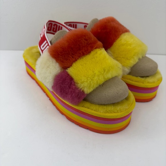 UGG‎ Platform Fluff Yeah Disco Checker Slide Pride rainbow yellow